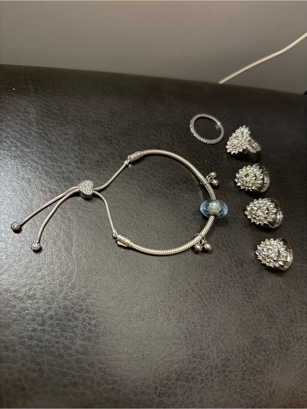 Pandora Silver Snake Chain Bracelet with Blue Glass Charm and Sparkling Clips